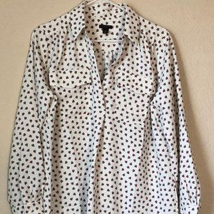 Ann Taylor Long Sleeve Camp Shirt White with Red Hearts Large Petite (LP)